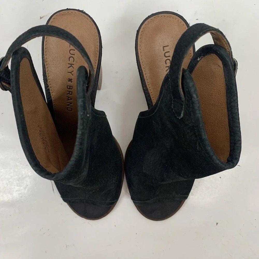 Lucky Brand 5.5 Lisza Bootie Peep Toe Slingback Stacked Block Heel Black Leather